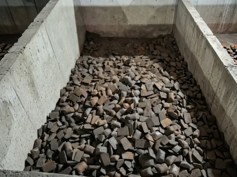 Bulk storage of high-purity pig iron and premium raw materials in concrete bunkers for DURON mill roll casting.