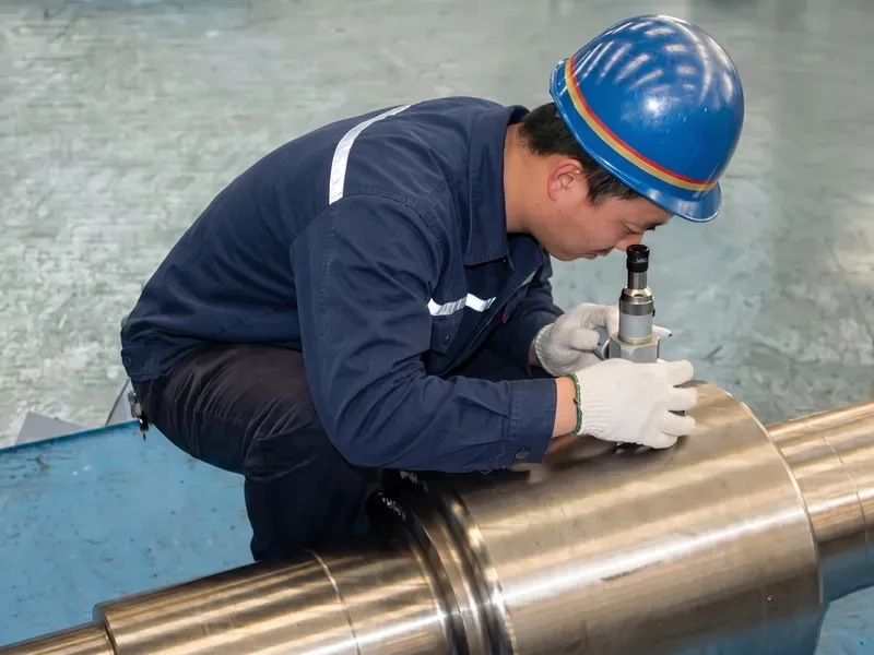 Quality control inspector using a portable metallographic microscope to examine the surface microstructure and carbide distribution of a cast mill roll.