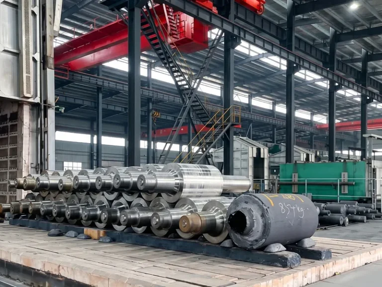 High-alloy DURON rolling mill rolls stacked on a bogie hearth furnace car, prepared for controlled thermal processing and stress relief.