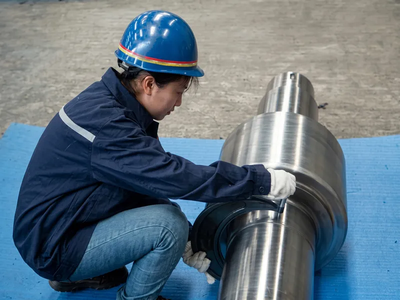 Technician using a large outside micrometer to verify the precise dimensional diameter of a machined mill roll