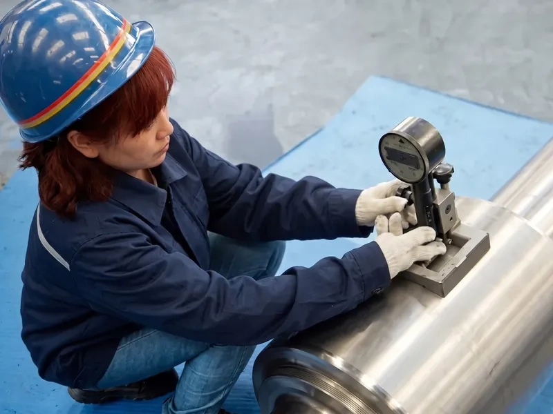Quality control inspector measuring the surface hardness of a finished cast mill roll barrel.