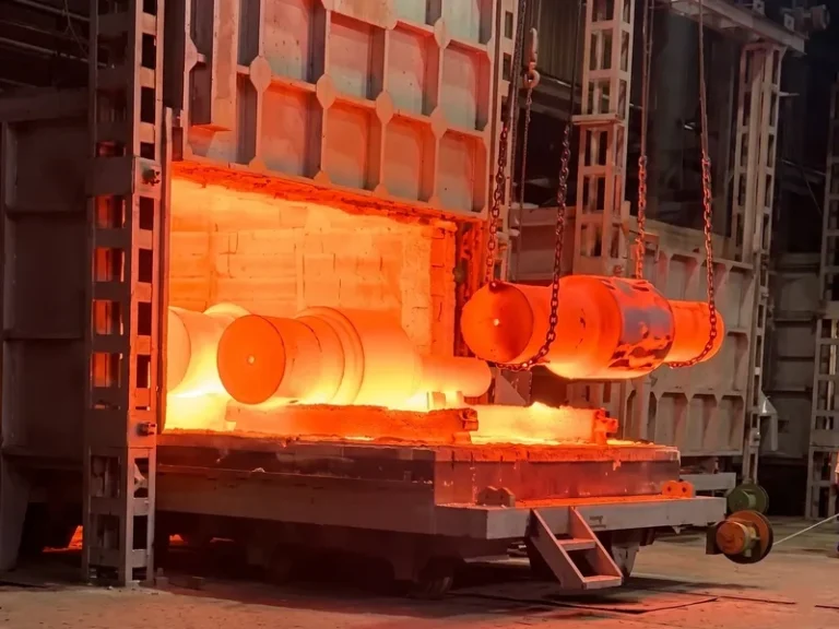 A massive red-hot industrial mill roll being extracted from a high-temperature heat treatment furnace using an overhead crane at the DURON facility.