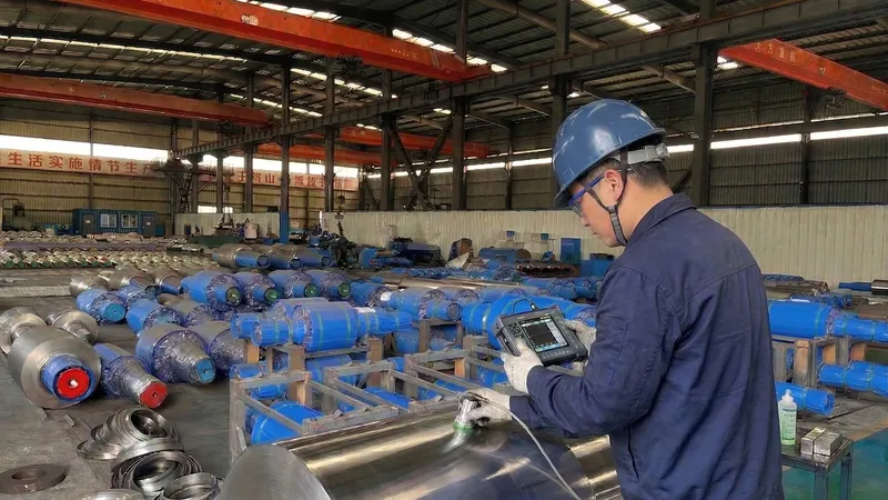 Quality control engineer performing ultrasonic NDT (Non-Destructive Testing) on a high-quality cast mill roll to ensure reliable internal structure